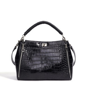 front of Faux Crocodile Leather Crossbody Bag with Two zippers  XL507 Black