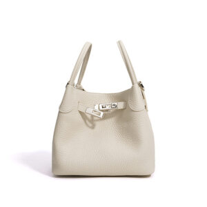 front of Pebble Vegan Leather Small Square Bucket Bag Two Side Handles XL519 Offwhite.