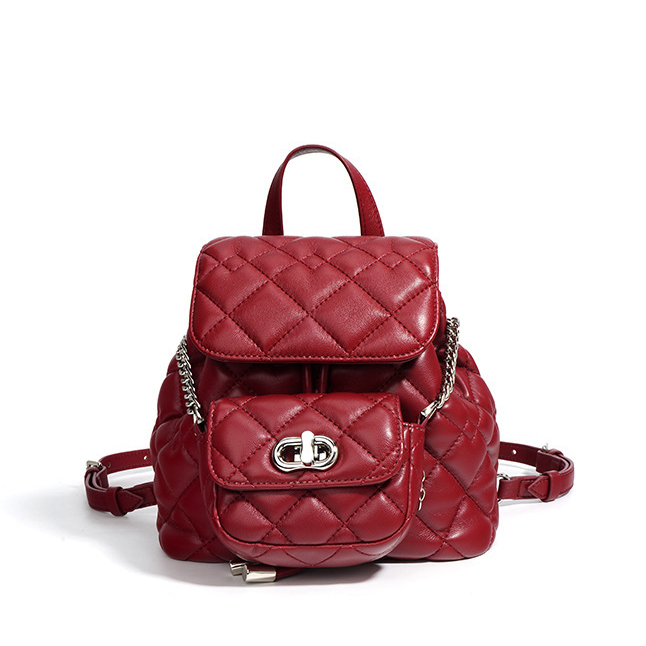 front of Quilted Vegan Leathe Backpack with detachable Pouch XL505 Red.