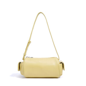 front of Shiny Vegan Leather Barrel Shoulder Bag with two side pockets XL504 Yellow