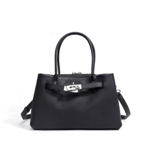 front of Three Compartments Vegan Pebble Leather Tote Bag XL514 Black