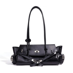 front of Tote Bag Bow Flap Closure with Turnlock and Belt Strap XL520 Black