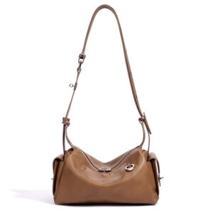 front of Vegan Leather Cuboid Crossbody Bag with Two Sides Pockets XL525 Brown