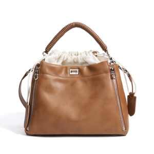 front of Vegan Leather Top Handle Bag with Two Zipper on Front XL518 Brown