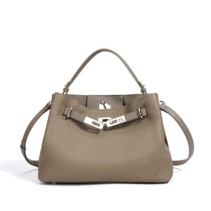 front of Vegan Leather Turnlock Closure Top Handle Bag with Belt Strap XL517 Taupe