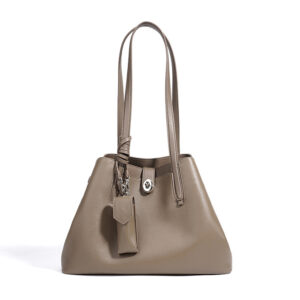front of Vegan Pebble Leather Large Tote Bag with Turnlock and Pouch XL503 Taupe