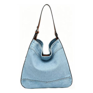 Front of 3 Blocks Washed Denim Hobo Bag with Adjustable Strap Y220 Blue