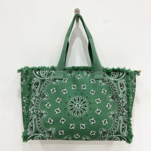 Front of Bandana Print Canvas Large Tote Bag with Fringe Edge Green