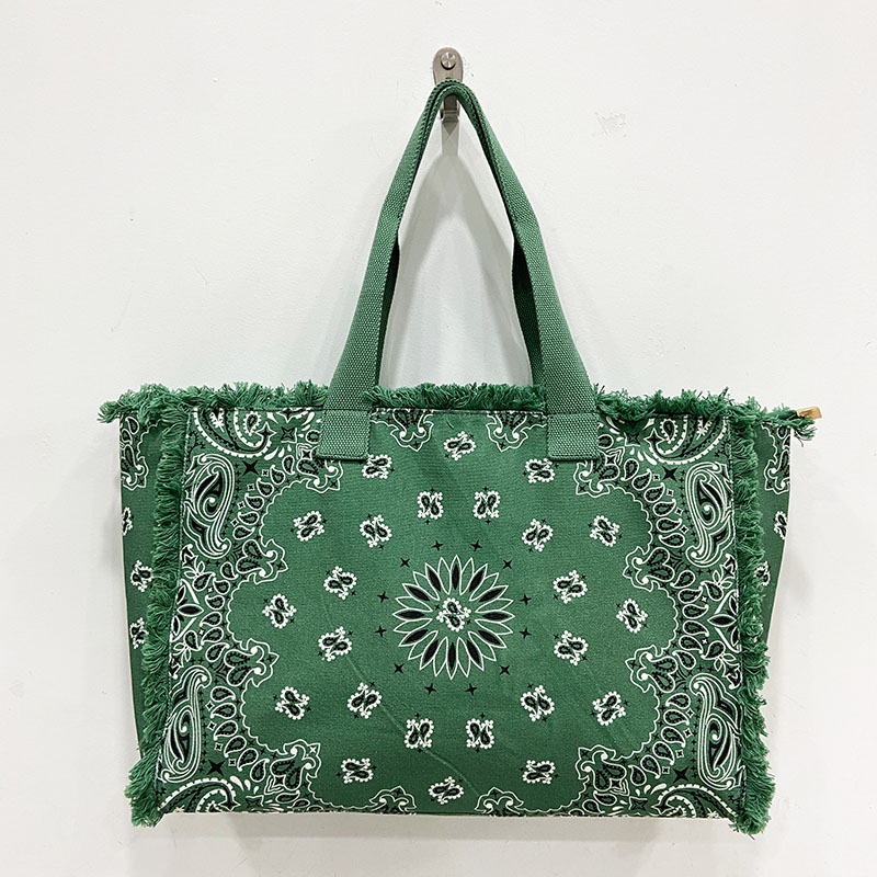 Front of Bandana Print Canvas Large Tote Bag with Fringe Edge Green