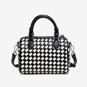 Front of Black & White Woven Vegan Leather Boston Bag Y208
