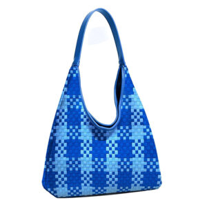 Front of Blue Pixel Check Neoprene Woven Shoulder Bag Y225