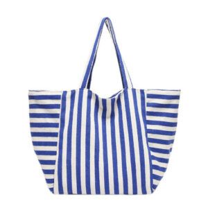 Front of Blue White Vertical Stripe Canvas Large Beach Tote Bag
