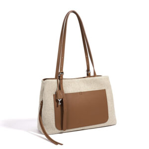 Front of Canvas Faux Leather Mix Shoulder Tote Bag Brown