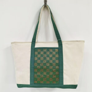 Front of Canvas Large Tote Bag with Green & Gold Beaded Checkerboard