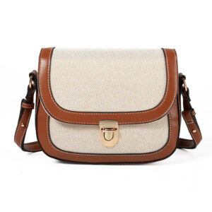 Front of Canvas Vegan Leather Saddle Crossbody Bag with Push Lock Brown