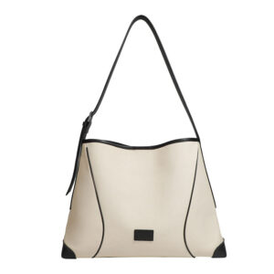 Front of Canvas and vegan Leather Hobo Shoulder Bag Black Offwhite
