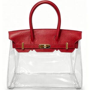 Front of Clear PVC Top Handle Bag with Red Leather Flap&Gold Lock