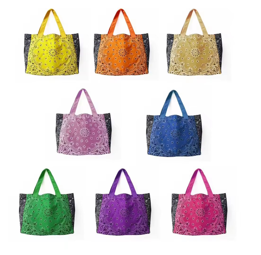Color Block Bandana Paisley Print Canvas Large Tote Bag Colorways