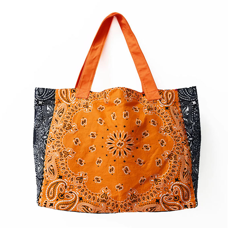 Front of Color Block Bandana Paisley Print Canvas Large Tote Bag Orange