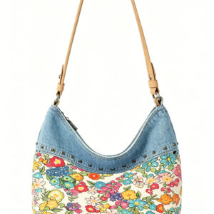 Front of Denim & Floral Canvas Hobo Bag with Rivets