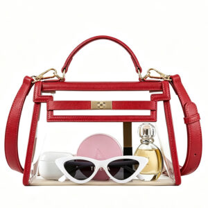 Front of Clear PVC Kelly Crossbody Bag with Leather Trim Red