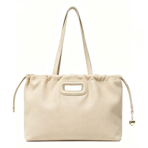 Front of Full Grain Leather Drawstring Tote Bag with Cutout Handle Y191 Offwhite