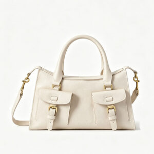 Front of Full Grain Leather Top Handle Bag with Dual Front Pocket Y192 Offwhite