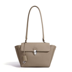 Front of Full Grain Pebbled Leather Winged Shoulder Bag with Turn Lock XL663 Taupe