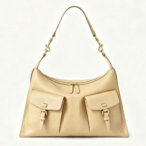 Front of Large Full Grain Leather Hobo Bag with Dual Buckle Pockets Y193 Light Yellow
