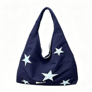 Front of Large Slouchy Nylon Star Patch Hobo Bag Navy Y128