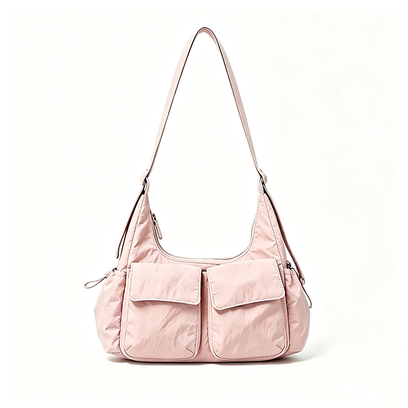 Front of Multi Pockets Nylon Hoho Shoulder Bag Large Capacity Handbag Pink