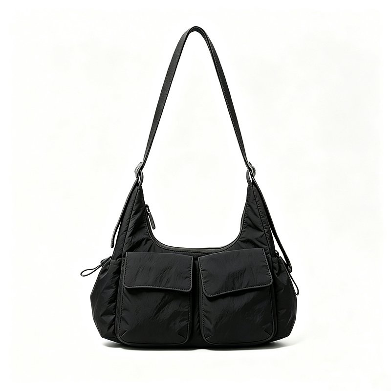 Front of Multi Pockets Nylon Hoho Shoulder Bag Large Capacity Handbag Black