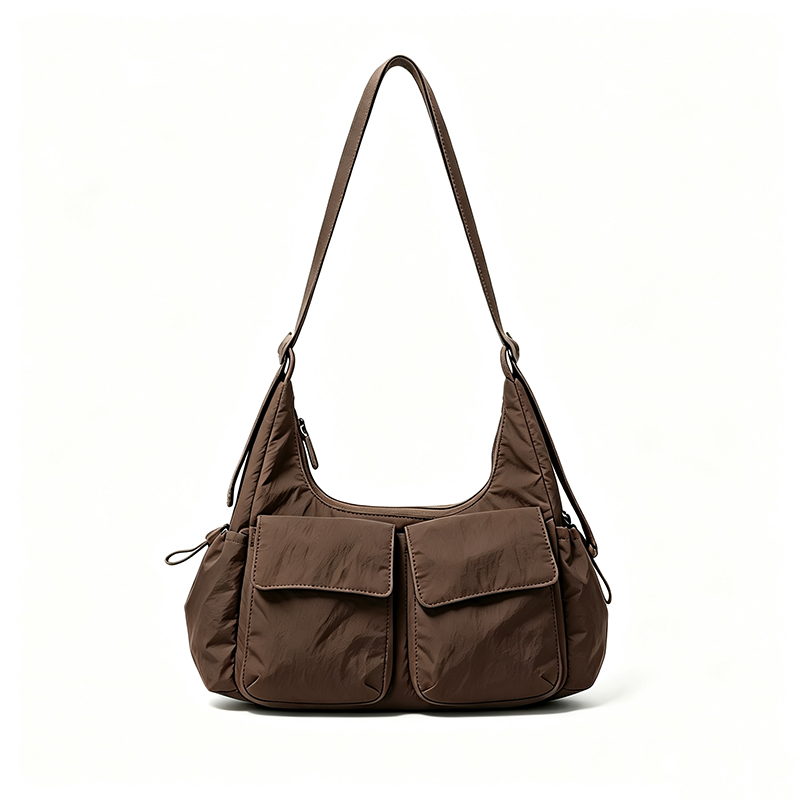 Front of Multi Pockets Nylon Hoho Shoulder Bag Large Capacity Handbag Brown