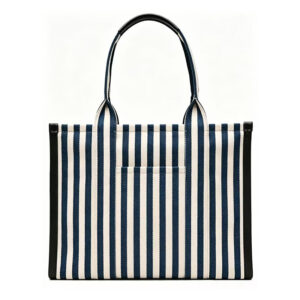 Front of Navy White Striped Canvas Large Tote Bag J097
