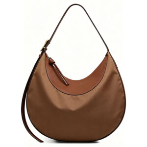 Front of Nylon & Vegan Leather Large Crescent Hobo Bag Y198 Brown