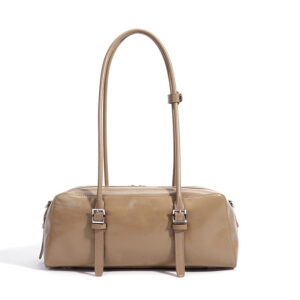 Front of Patent Leather RectangularShoulder Bag with Adjustable Strap XL560 Sand