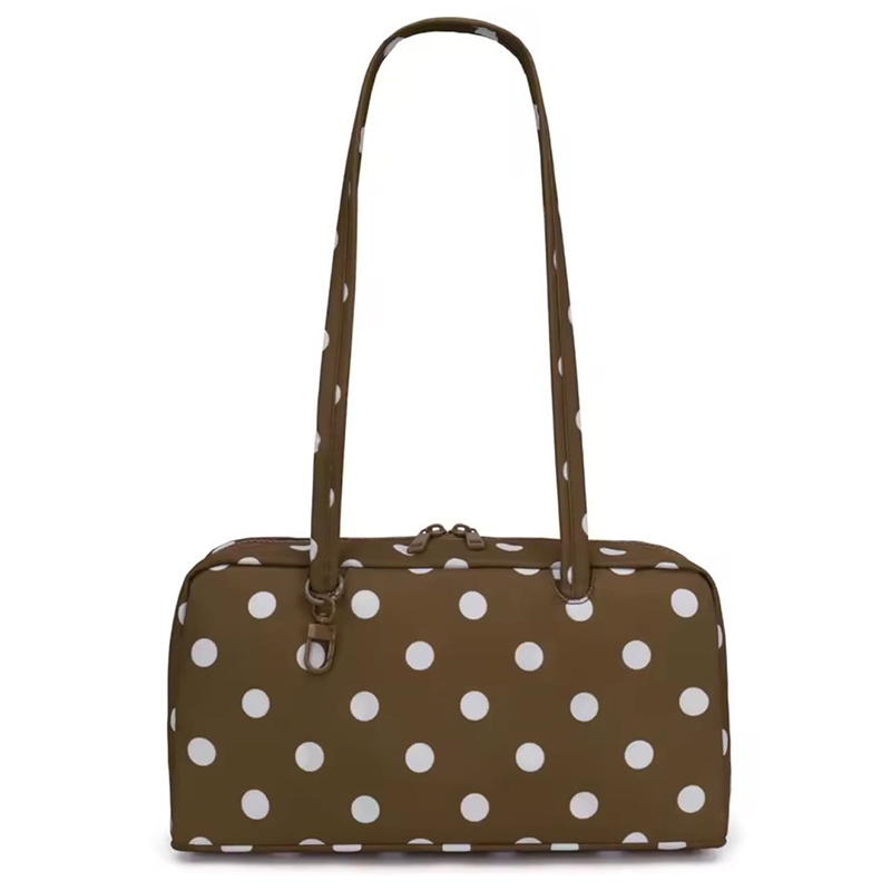 Front of Polka dot Nylon Shoulder Bag Retro Rectangular Ladies Handbag Brown