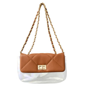 Front of Quilted Vegan Leather&Clear PVC Chain Crossbody Bag Y207 Brown