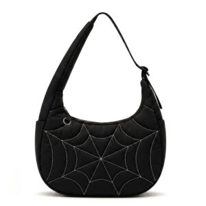 Front of Spider Web Quilted Nylon Hobo Bag with Adjustable Strap Black