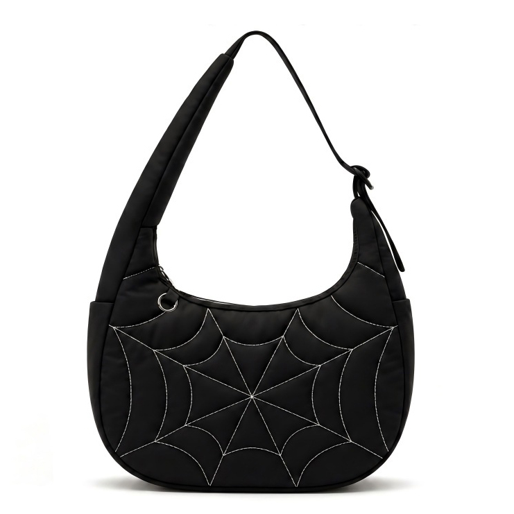 Front of Spider Web Quilted Nylon Hobo Bag with Adjustable Strap Black