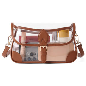 Capacity of Stadium Approved Clear PVC Crossbody Bag with Leather Trim Brown