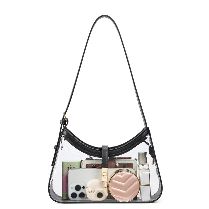 capacity of Stadium Approved Clear PVC Shoulder Bag with Adjustable Strap black