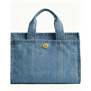 Front of Structured Washed Denim Tote Bag with Turn Lock Pocket Y186 Blue