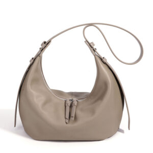 Front of Top Grain Leather Curved Moon Hobo Bag Adjustable Strap XL577 Taupe