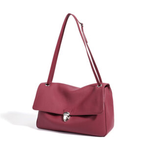 Front of Top Grain Pebbled Leather Maxi Flap Shoulder Bag with Turn Lock Burgundy XL648