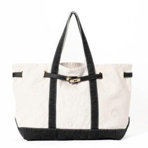 Front of Two Tone Canvas Large Tote Bag with Faux Leather Trim Black Natural