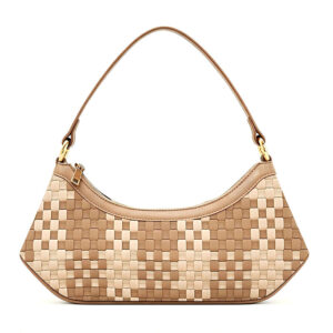 Front of Two-Tone Check Neoprene Woven Baguette Underarm Bag Y226 Sand