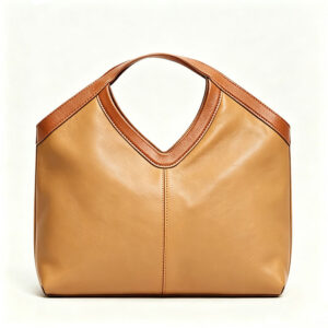 Front of Two Tone Vegan Leather Large Tote Bag in V Cutout Handle Y205 Brown
