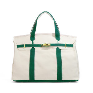 Front Two‑Tone Canvas Large Top‑Handle Tote Bag with Gold Lock Beige Green
