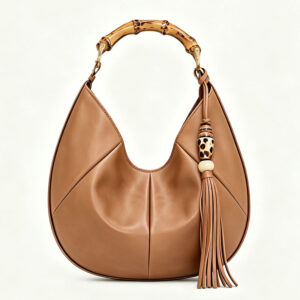 Front of Vegan Leather Bamboo Handle Hobo Bag with Tassel Y204 Brown